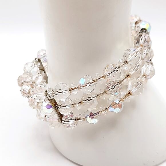 Vintage 1950s Aurora Borealis Crystal Beaded Bracelet, 3-Row Memory Wire Jewelry - Picture 1 of 11